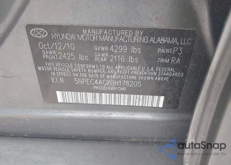 2011 Hyundai Sonata Se z USA, uszkodzony, nr VIN 5NPEC4AC2BH178205